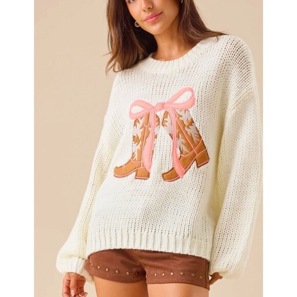 Altar'd State Sweaters - Altar'd State Women's XL Knit Cowgirl Sweater Jessie Boot and Pink Bow Cowboy